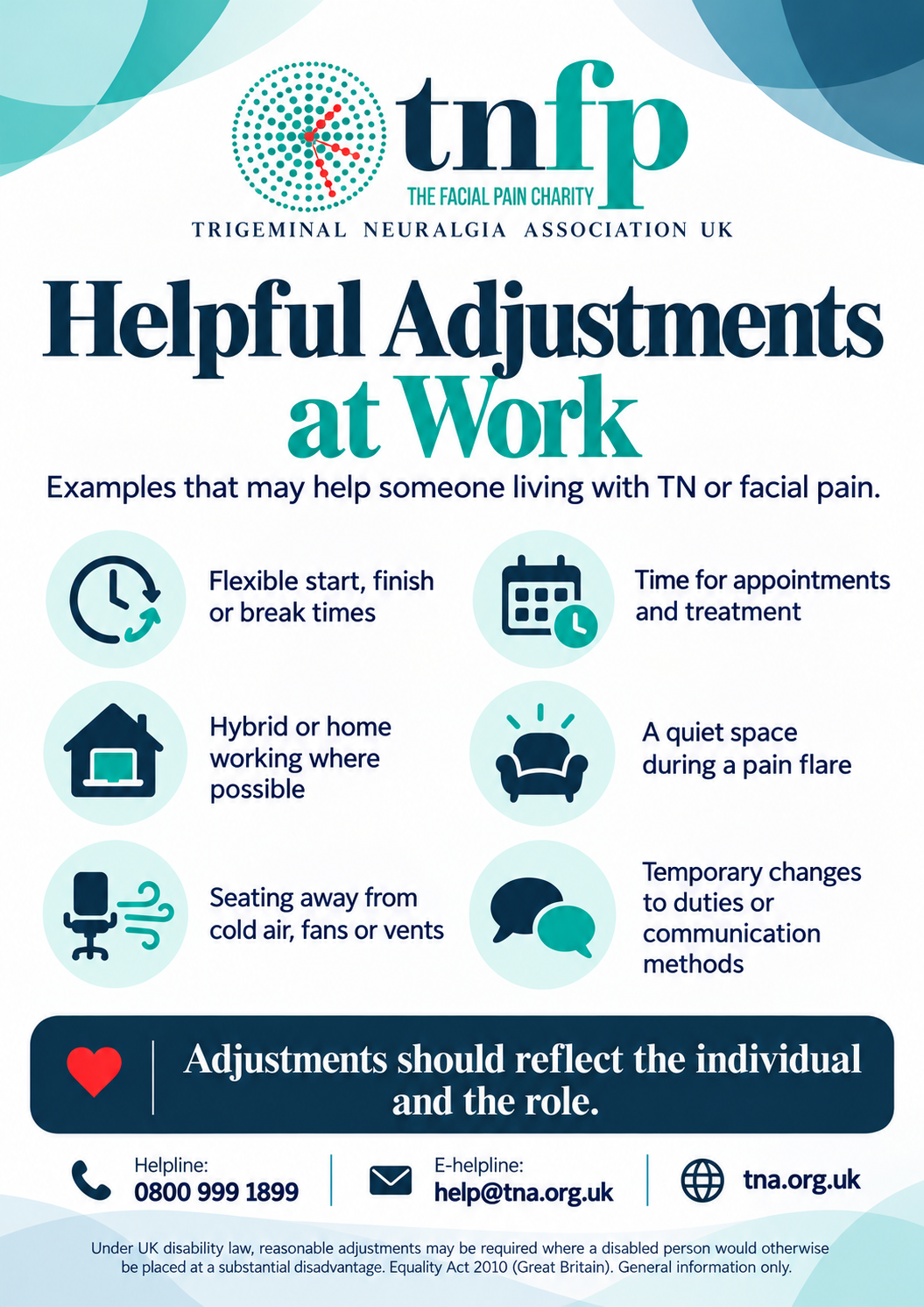 TNFP workplace poster listing helpful adjustments for someone living with trigeminal neuralgia or facial pain, including flexible hours, home working where possible, seating away from cold air, time for treatment, quiet space and temporary communication changes.