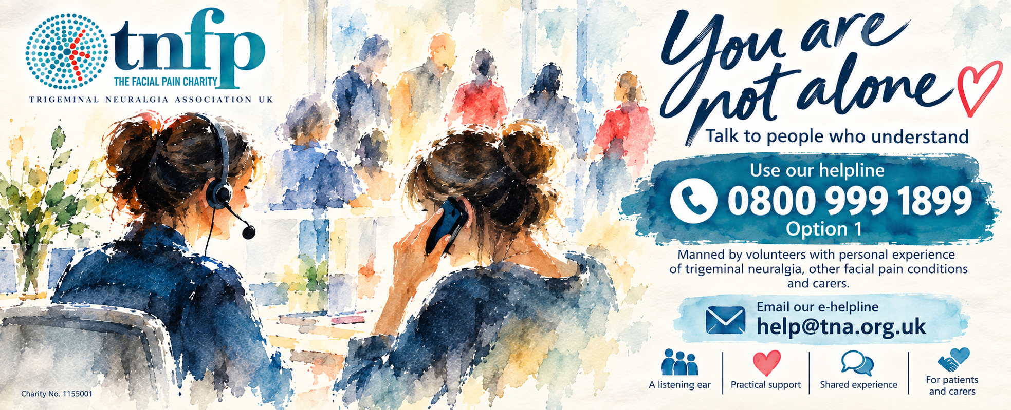 Watercolour illustration for TNA UK's helpline, showing supportive volunteers and people connecting for help with trigeminal neuralgia and facial pain.