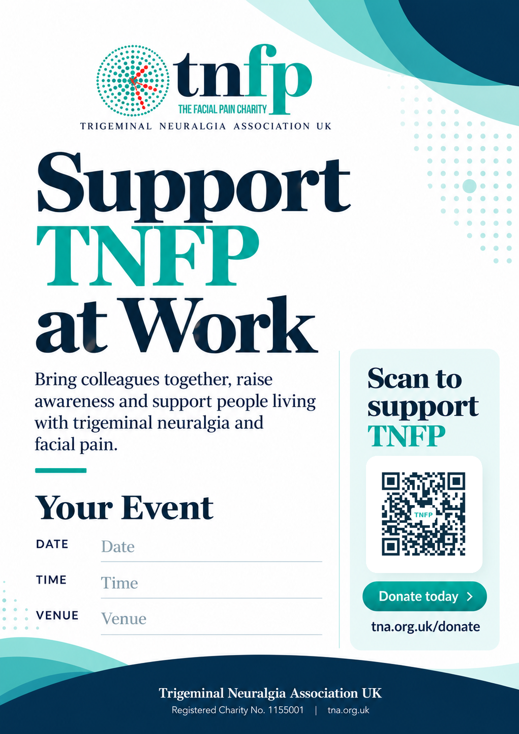 TNFP Support at Work workplace fundraising poster with event details and a QR code linking to the TNA UK donation page.