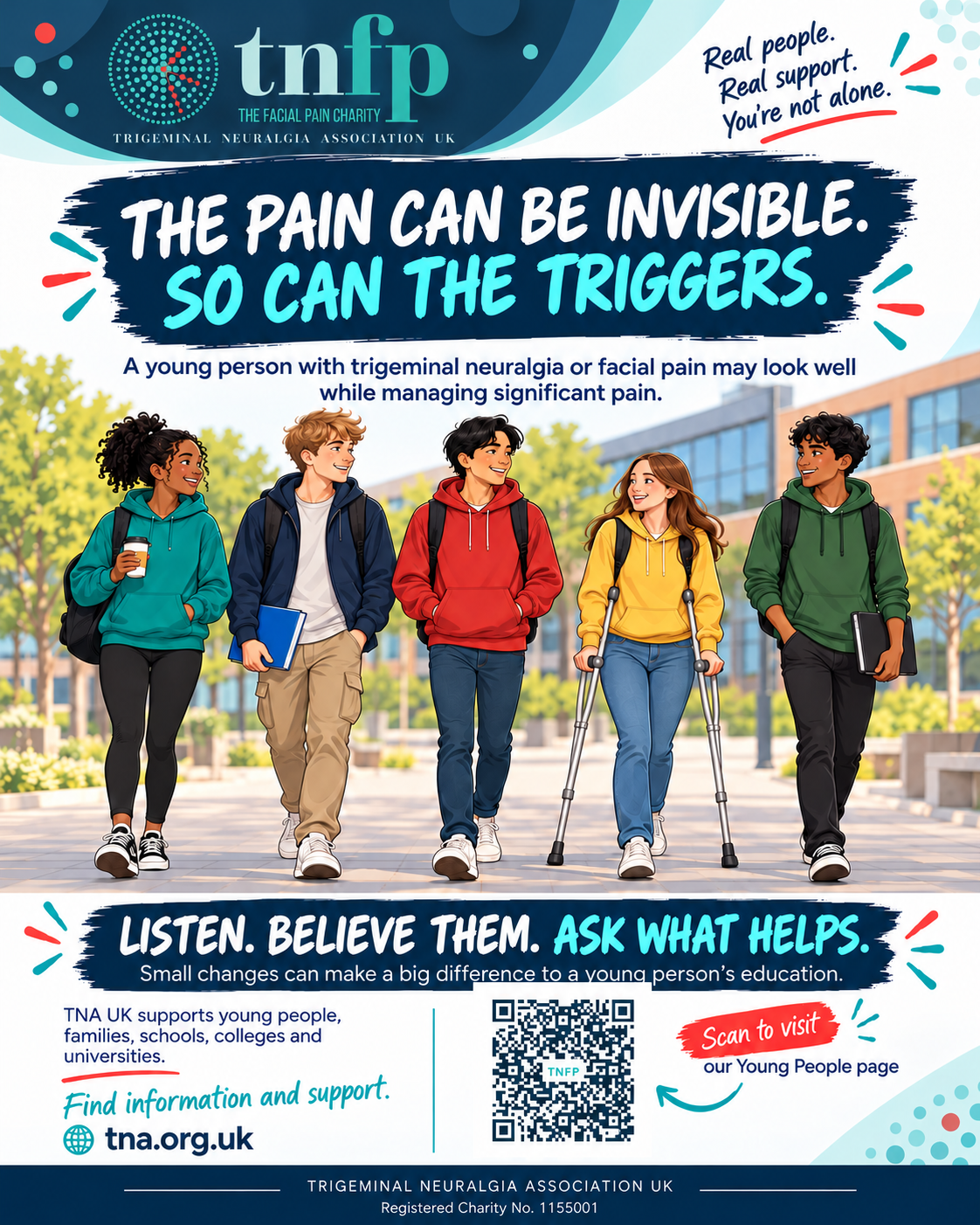 TNFP school and college poster explaining that facial pain and its triggers may be invisible, with advice to listen, believe young people and ask what helps.