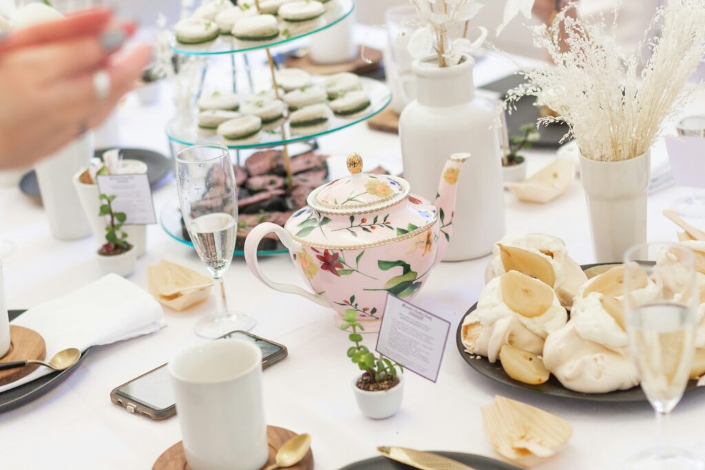 Elegant afternoon tea setting for the Tea4TNA facial pain awareness and fundraising campaign
