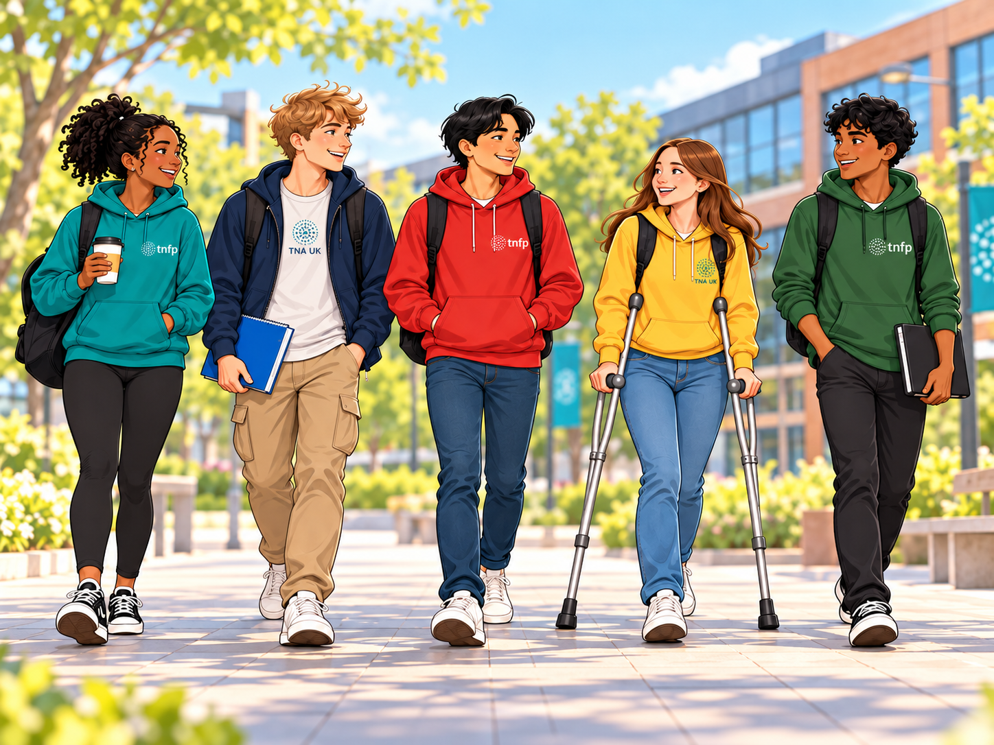 Young people walking together on a college campus, showing friendship, inclusion and support.