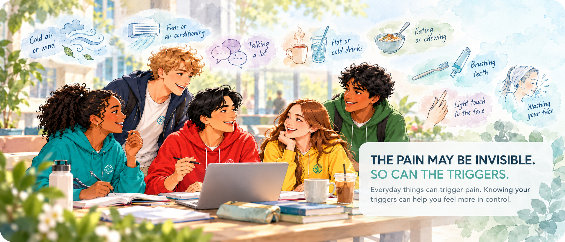 Illustration for young people with trigeminal neuralgia showing everyday facial pain triggers including cold air, air conditioning, talking, hot or cold drinks, eating, brushing teeth, light touch and washing the face.