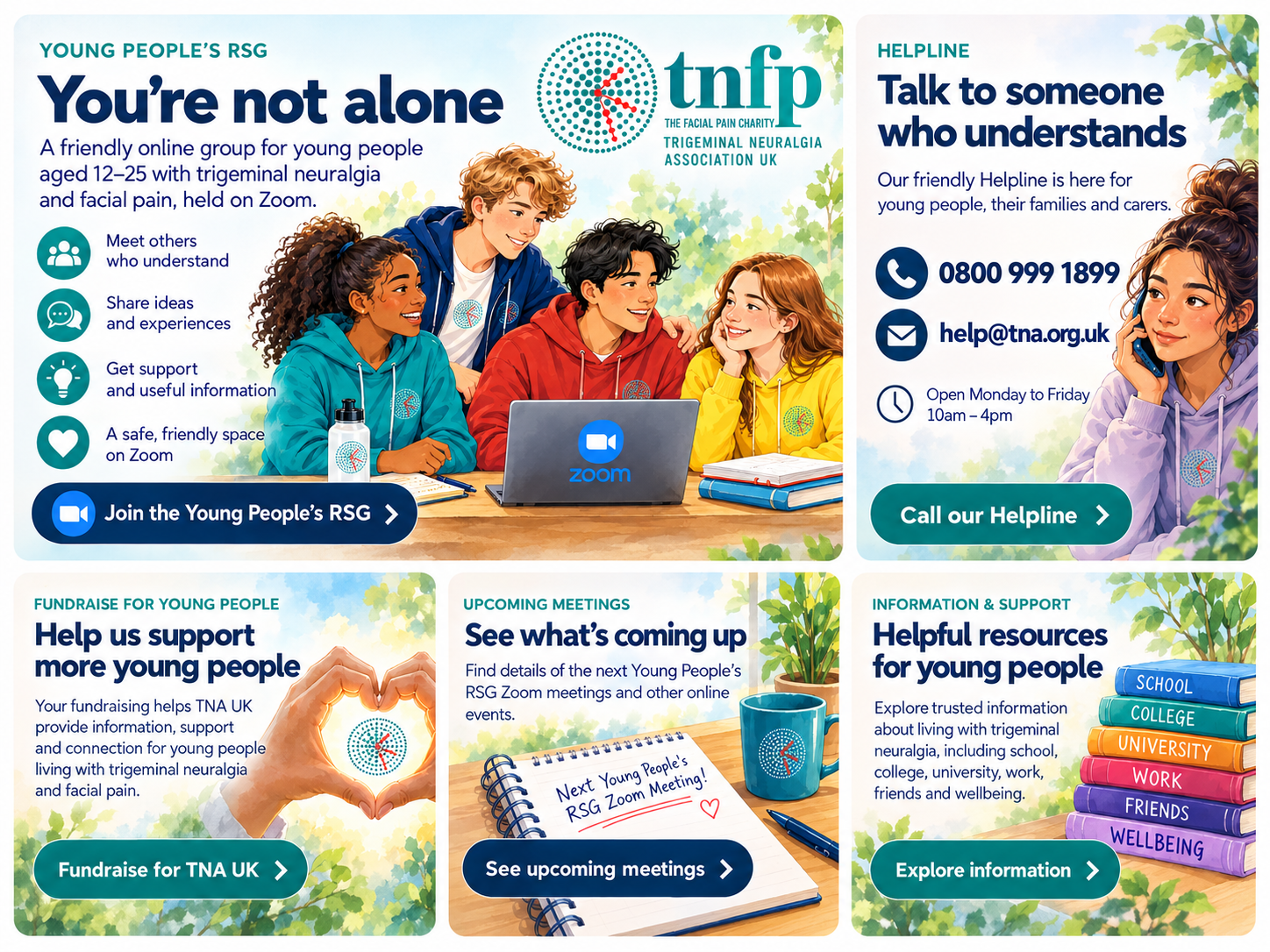 Young People’s RSG online support illustration for young people affected by trigeminal neuralgia and facial pain, with Zoom peer support information.